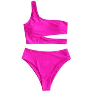 ZAFUL NEON SKEW COLLAR HIGH CUT CUTOUT SWIMSUIT